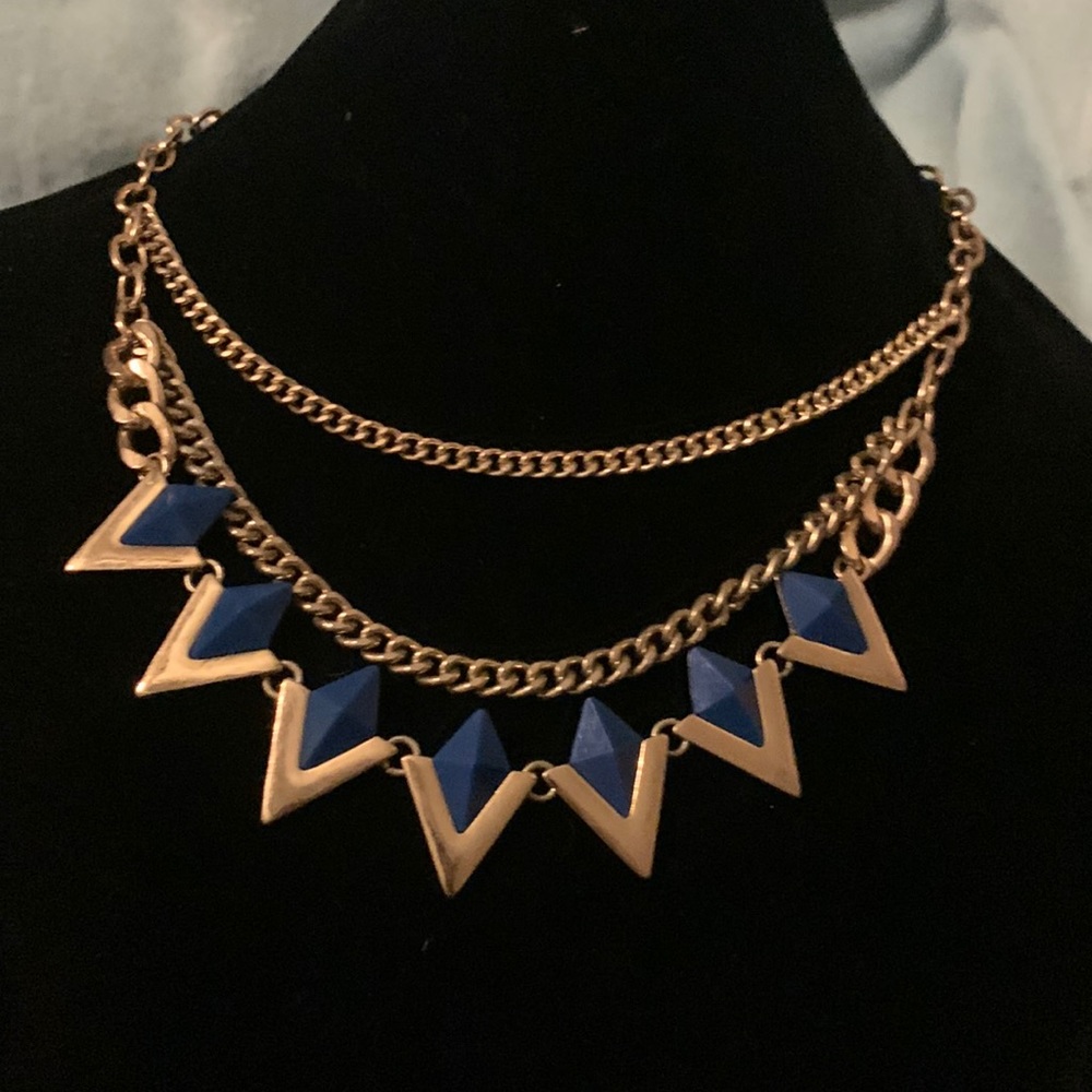 Statement necklace chocker gold tone with navy